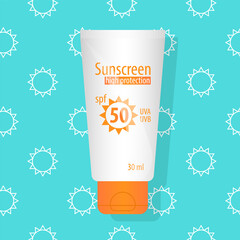 SPF 50 sunscreen cream tube icon. Bright sunblock lotion with UVA UVB filters. Summer beach cosmetic kit on colorful aquamarine pattern background. White SPF cream bottle with orange label flat vector