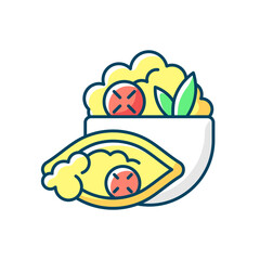 Burrito bowl RGB color icon. Meal with rice, beans, steak, veggies. Burrito without tortilla. Protein, carbs and healthy fats. Various ingredients in flour tortilla. Isolated vector illustration