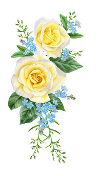 Watercolor vertical elongated flower arrangement of delicate yellow roses and forget-me-nots
