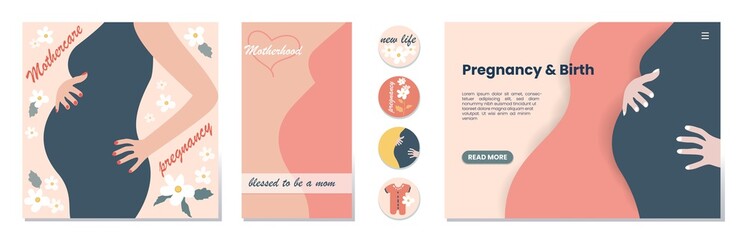 Set of banner templates for websites, or advertising,  landing page, media post and stories. Pregnant woman. Mother day greeting. Health care, female, motherhood. Minimalism style.