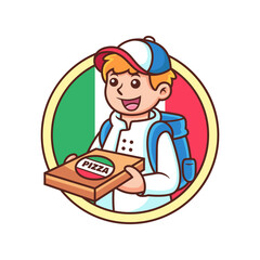 Smiling Pizza Delivery Courier Boy Cartoon. Vector Icon Illustration, Isolated on Premium Vector
