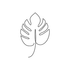 Monstera leaf line style. Continuous one line art drawing tropical palm. Vector illustration isolated on white.