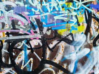 Closeup of colorful messy painted urban wall texture. Modern pattern for wallpaper design. Creative urban city background. Abstract open composition.