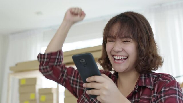 Young attractive beautiful female entrepreneur fund borrower crazy joyful ecstatic face gesture hand yes feeling amazed in peer to peer P2P lending finance or crowdfunding network microfinance approve
