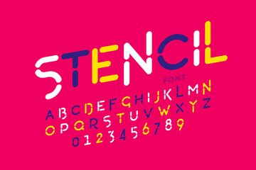 Stencil style font design, alphabet letters and numbers