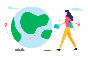 Young girl with backpack and map walking near the big planet. Vacation, travel concept. Vector flat style illustration.