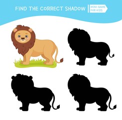 Educational  game for children. Find the right shadow. Kids activity with cute lion. African animals collection.
