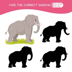 Educational  game for children. Find the right shadow. Kids activity with cute elephant. African animals collection.
