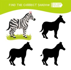 Educational  game for children. Find the right shadow. Kids activity with cute zebra. African animals collection.
