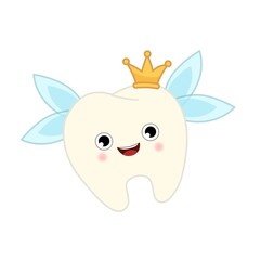 Tooth fairy vector cartoon illustration. Cute character tooth with wings and crown.

