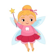 Tooth fairy vector cartoon illustration.  Cute girl with wings and magic wand.
