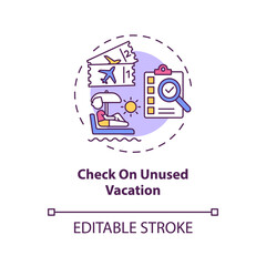 Check on unused vacation concept icon. Well-deserved paid leave idea thin line illustration. Getting money for vacation. Pay for rest. Vector isolated outline RGB color drawing. Editable stroke