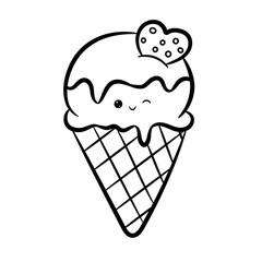 Cute ice cream waffle cone isolated on white background. Kawaii sweets. Doodle style. Coloring book. Vector Illustration.