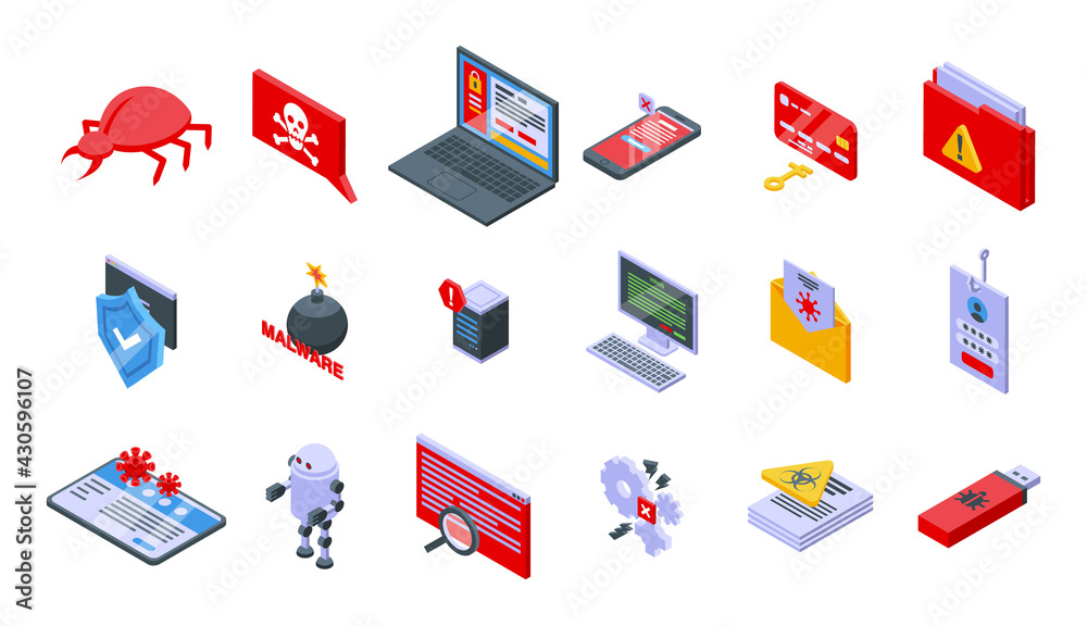 Poster malware icons set. isometric set of malware vector icons for web design isolated on white background
