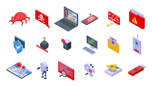 Malware icons set. Isometric set of malware vector icons for web design isolated on white background