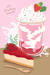 Set of delicious sweets and desserts with strawberry flavor.