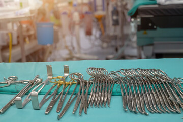 Sterile scissors and other medical instruments. Surgical equipment and medical devices in operating room. Sterile scissors and other medical instruments.