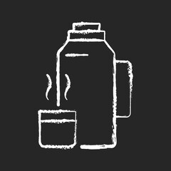 Vacuum flask chalk white icon on black background. Keeping coffee and tea hot. Thermos flask. Leak-proof mug. Heat leaving prevention. Desired temperature. Isolated vector chalkboard illustration