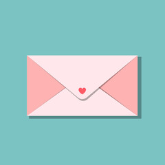 Pink closed envelope with red heart sing. Love letter on Valentines day and not only. With shadow, isolated on blue background. Vector illustration, trendy style, romantic and cozy pastel colours