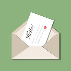 Beige opened envelope and handwritten letter with message Hello and red heart inside. With shadow, isolated on green background. Vector illustration, trendy style, cozy pastel colours