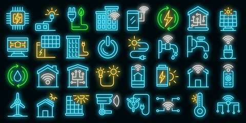 Autonomous house icons set. Outline set of autonomous house vector icons neon color on black © ylivdesign
