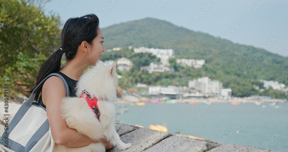 Wall mural woman go out with her dog at park