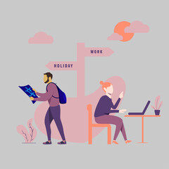 flat cartoon. illustration of two people with different activities, on vacation and at work. man holding maps, woman at the computer. vector illustration