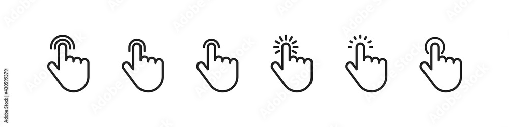 Poster tap touch line icon collection, vector hand with finger touchscreen sign, flat pointer linear symbol