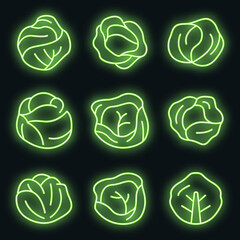 Cabbage icons set. Outline set of cabbage vector icons neon color on black