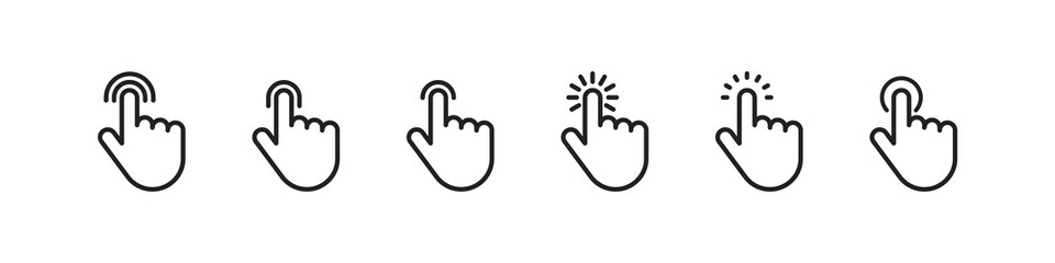 Tap touch line icon collection, vector hand with finger touchscreen sign, flat pointer linear symbol set.