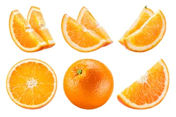 Tuinposter Orange isolate. Orange fruit set on white background. Whole orange fruit with slice. © Tim UR