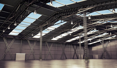 Empty warehouse with roof windows and several pillars - 3D illustration