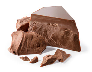 Broken chocolate. Chocolate pieces isolated. Chocolate pieces on white background as package design...