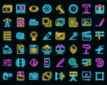 Editor icons set. Outline set of editor vector icons neon color on black