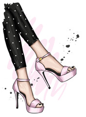Women's legs in stylish high-heeled shoes and trousers. Fashion and style, clothing and accessories. Vector illustration.
