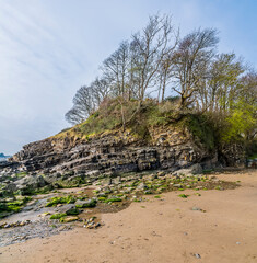 A view of rock strata on the main beach at Saundersfoot, South Wales on a sunny day