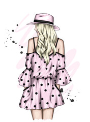 Beautiful girl in a stylish dress and hat. Fashion and style, clothing and accessories. Vector illustration.