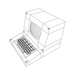 Classic retro perconal computer. Programming code concept. Wireframe low poly mesh vector illustration