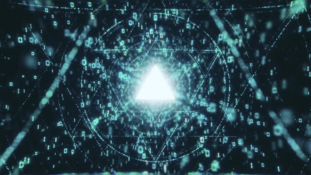 Digital Data tunnel journey. Loopable matrix core tunnel of binar lights animation in 4k. Shot inside fibre optic cable. Transmission of digital information as a binary signal