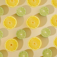 colorful flat lay design with lemon-lime pattern on a sandy summer background