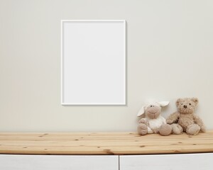 Nursery frame mockup hanging on wall, baby room wall art mock up, white frame for design...