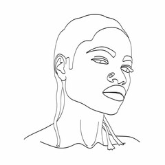 Line Art Woman Face Drawing. Black Woman Vector. Afro American Female Logo. Contouring Line. Minimalist Face. Beauty salon