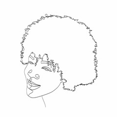 Line Art Woman Face Drawing. Black Woman Vector. Afro American Female Logo. Contouring Line. Minimalist Face. Beauty salon