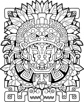 aztec head ethnic pattern, coloring book outline illustration