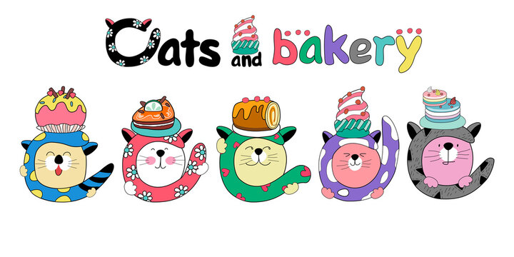 Cats and Bakery Colorful Clip Art Illustrations for Crafts, Skinny tumbler, Saucer, digital paper, logo, T-shirt Design, Seamless, Printed Cloth, Digital, Keychain, Gift, Sticker, Craft, DIY, Cards an