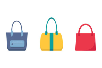 Large multi-colored women's shopping bags, isolated on white background. Fashionable womens accessory for going to store, shopping for groceries, document storage. Vector illustration in cartoon style