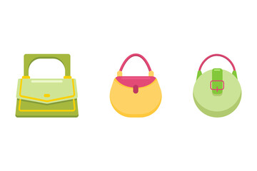 Multi-colored women's bags of various shapes, isolated on white background. Fashionable women's accessory for going to store, buying groceries, storing documents. Vector illustration, cartoon style