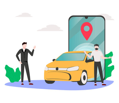 Man wait for taxi driver vector illustration concept, Online car sharing with cartoon character and smartphone. Can use for landing page, template, ui, web, mobile app, poster, banner or flyer.