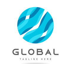 Abstract blue global logo sphere with wavy lines in circle sea waves,ocean,lake,river flow,water vector design template.Icon beach,symbol summer,badge hotel,pictogram tourism,sign voyage,cruise travel