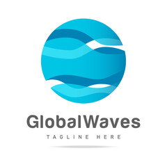 Abstract blue global logo sphere with wavy lines in circle sea waves,ocean,lake,river flow,water vector design template.Icon beach,symbol summer,badge hotel,pictogram tourism,sign voyage,cruise travel